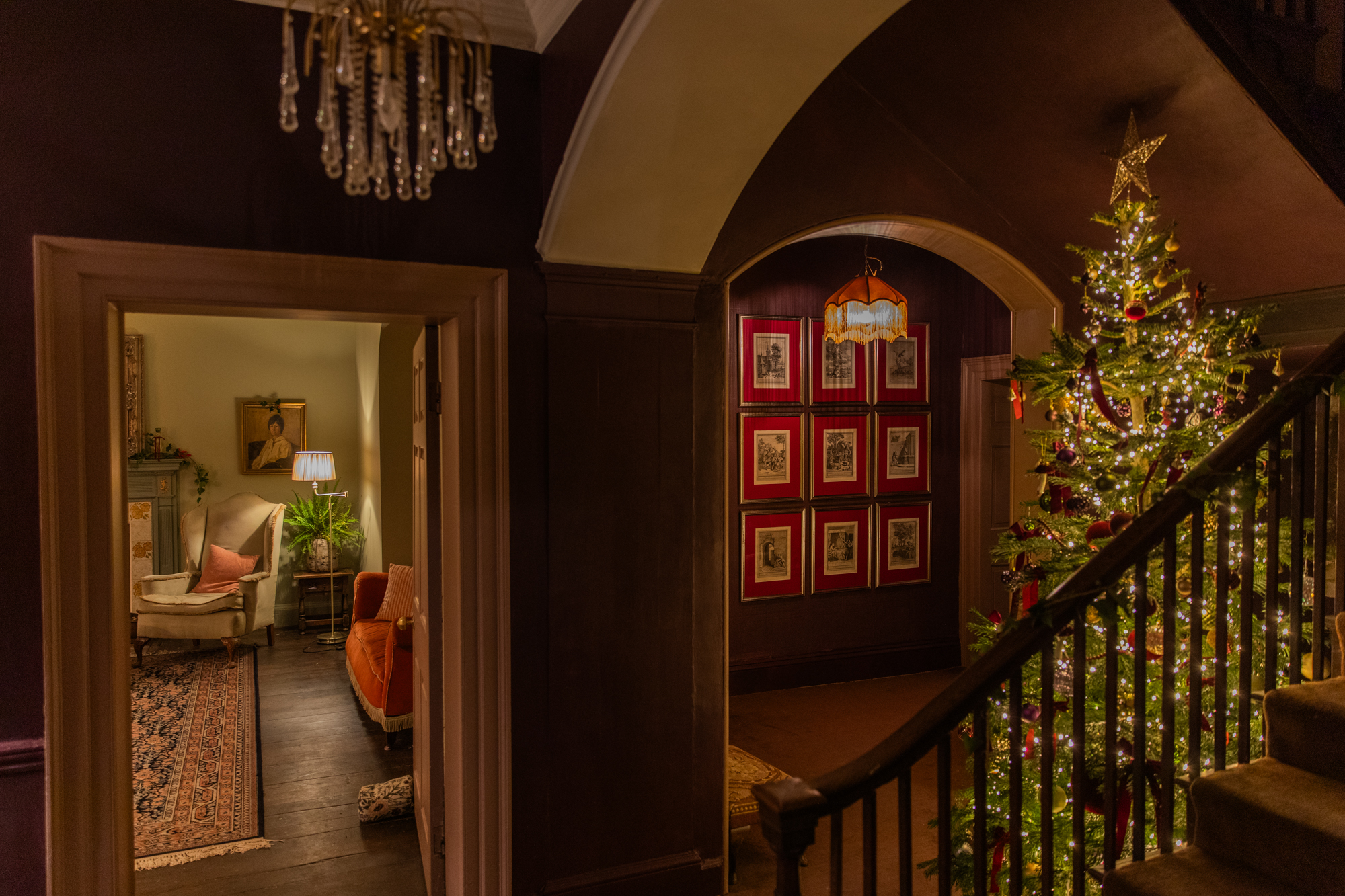 Decorated Christmas tree beside the lounge doorway